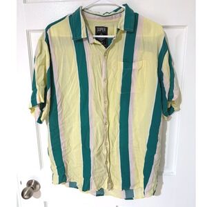Super Massive Mens Large Yellow Green Striped Short‎ Sleeve Button Down Shirt